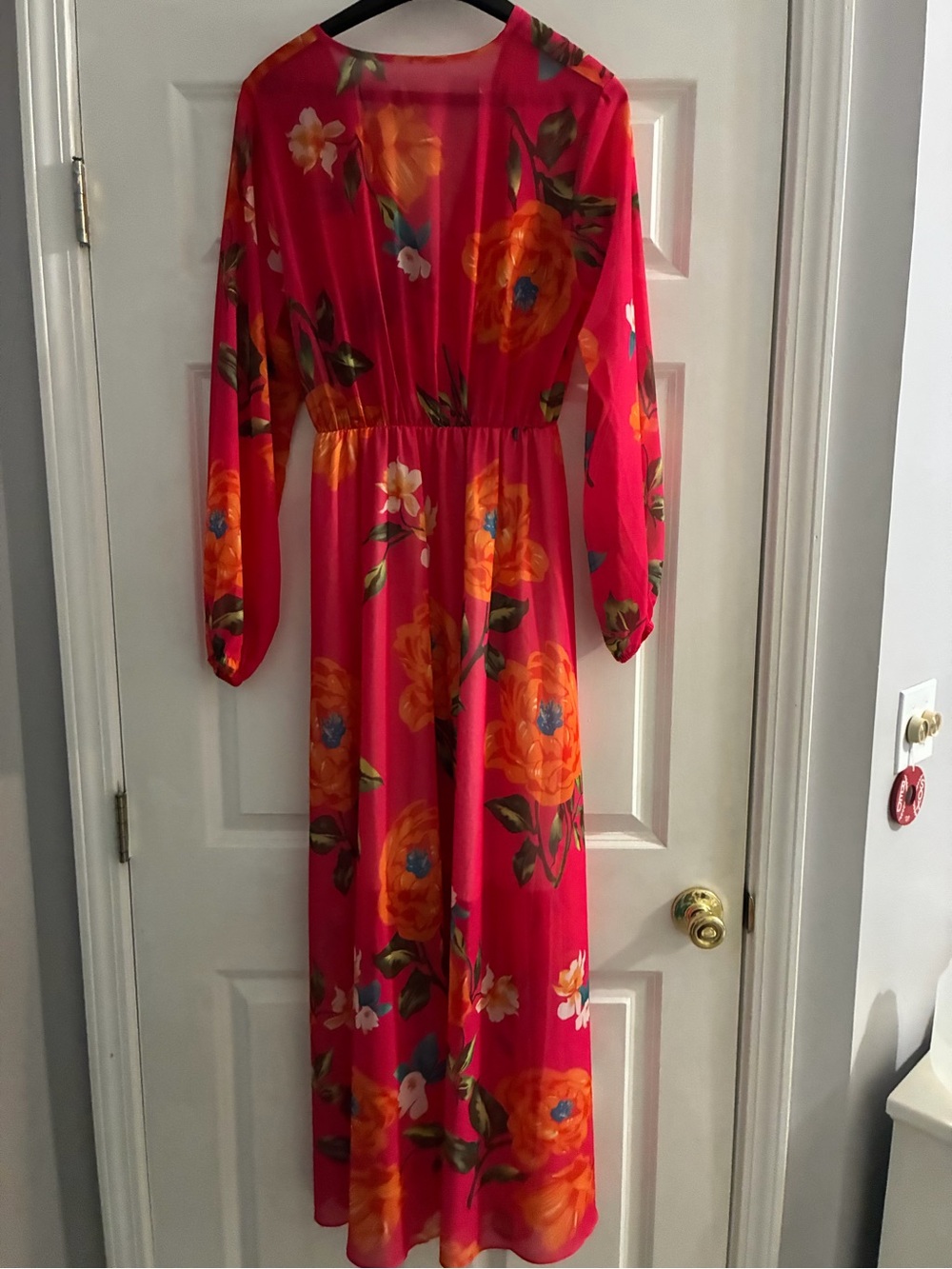Floral Pink V-Neck Maxi Dress with Long Sleeves, Gorgeous - Picture 2 of 2